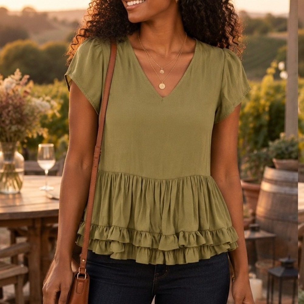 Ruffle Peplum V-Neck Flowy Blouse Olive Green Women's Medium RO & DE‎